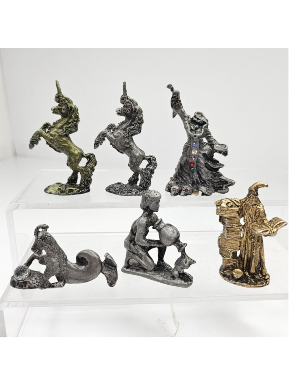 6 Pc Pewter Fantasy Miniature Figurine Lot Wizards Unicorns Mermaid Dragon